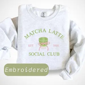 EMBROIDERED Matcha Latte Social Club Sweatshirt, Matcha lover embroidery, Iced Drink, Cute Bow Café Aesthetic, Machine Embroidery, Coffee PES