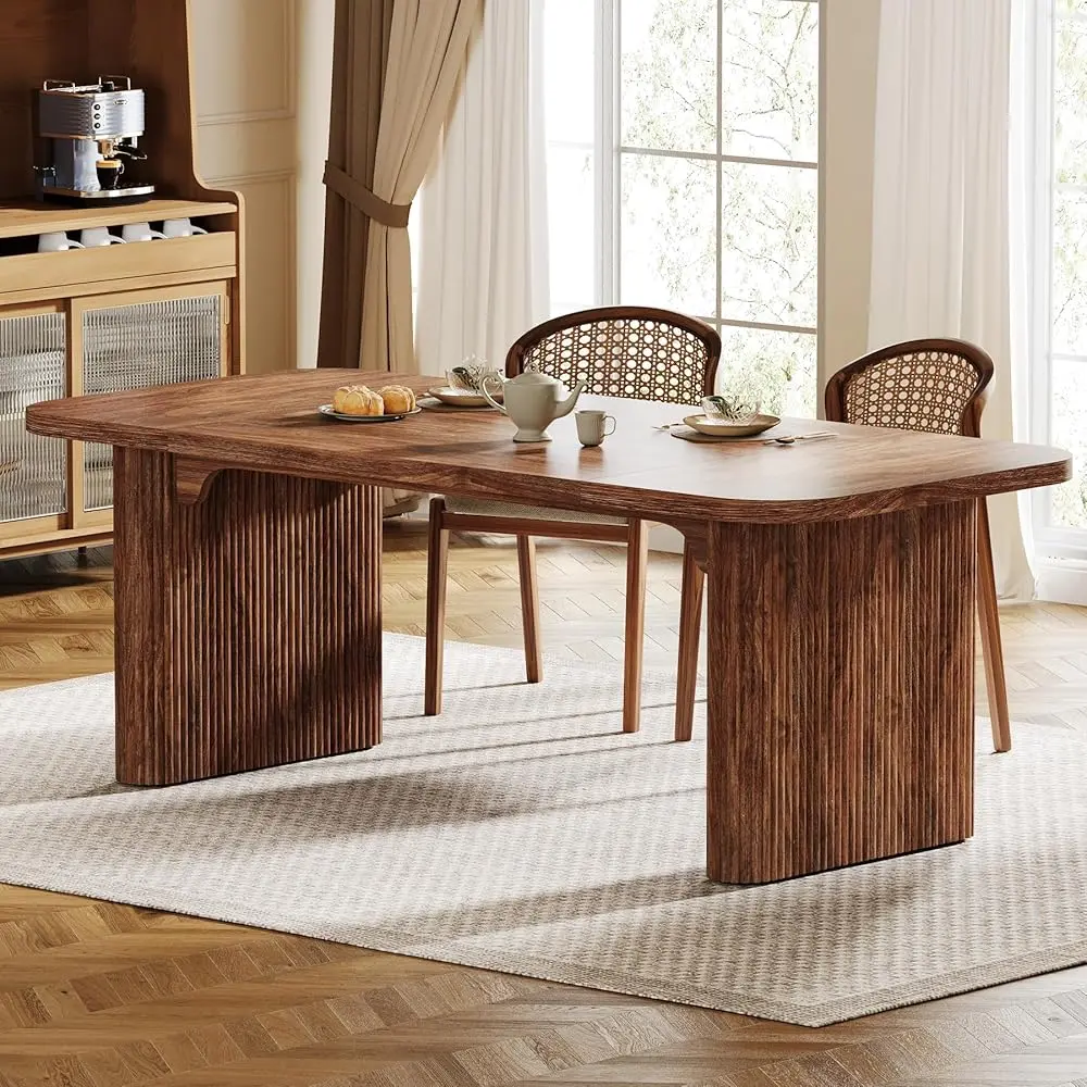 Tribesigns 63-Inch Dining Room Table, Dark Brown Wood, Seats 6, Modern Design with Double Pedestal