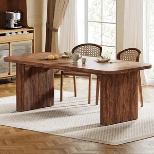 Tribesigns 63-Inch Dining Room Table, Dark Brown Wood, Seats 6, Modern Design with Double Pedestal