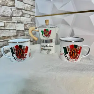 Mexico Coffee Set – 2 Enamel Mugs + Greca Coffee Maker – Virgin of Guadalupe Design | Gift for Coffee Lovers