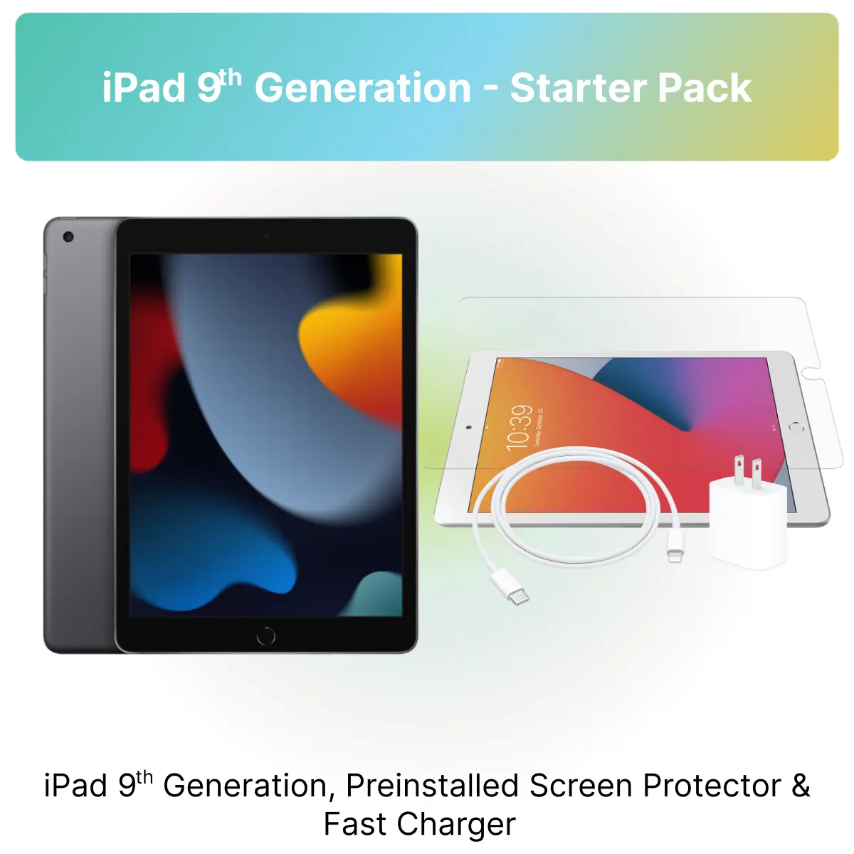 Refurbished iPad 9th Gen - Starter Pack, Includes iPad 9th Gen, Preinstalled Screen protector, Fast Charger, and Plug 12-Month Warranty