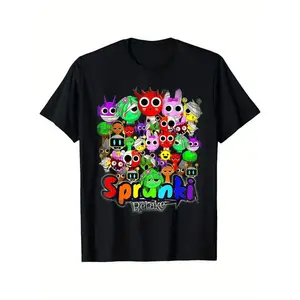 Boys' Funny Sprunki Game Cotton T-Shirt - Vibrant Character Graphic, Round Neck, Regular Fit, All-Season Wear, Ideal for Casual Outings, Playful Clothing | Vibrant Graphic Tee | Comfortable Fit, Tween Boy Clothes