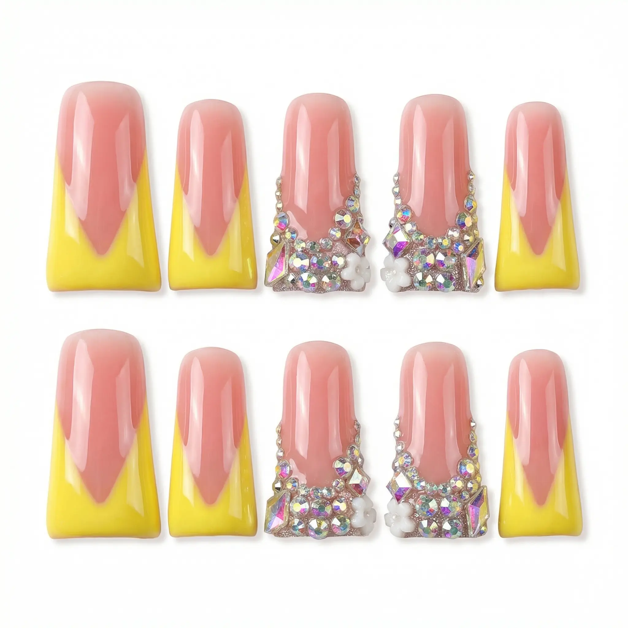 Long DuckBill Couture Drop Collection Handmade Acrylic Press On Nails - 10PCS Reusable Salon Grade Relief Sculpture 3D Flower Rhinestone Luxury Manicure #CoutureNails #DropCollection #HandmadePressOnNails #3DFlowerNails #RhinestoneNails #SalonQualityNails