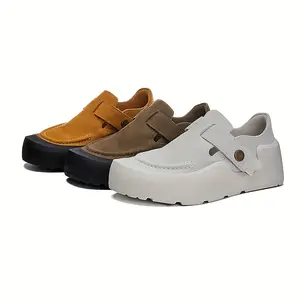 Women's Classic Solid Color Skateboarding Shoes - Breathable, All-Season Comfort - Cow Split Leather Upper, Fabric Inner, Rubber Sole, Pig Leather Insole - Casual Slip-On Loafers with Elevated Platform