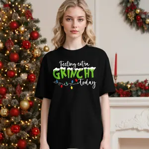Women'S Plus Size Graphic T-Shirt - . Seuss Inspired Christmas Design With "Feeling Grinchy Today" & Heart Print, Comfortable Medium Stretch Crew Neck Short Sleeve Casual Top,  Relaxed Fit For Casual Attir Golf Gift T-Shirt For Men And Women