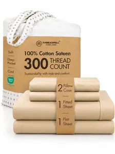 Threadmill Home Linen 100% Cotton 300 Thread Count Solid Sheet Set, Breathable Home Bedding Linens Set for Bedroom Use