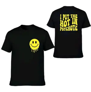 funny shirt I put the hot in psychotic humor retro smiley sarcasm wavy lettering Cute Short Sleeve tshirt black and yellow