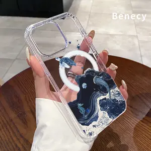 Clear Magnetic Case for iPhone 15 16 14 Pro Max 13 12 11 XR XS Plus  E Oceanic Dreamscape  Hard Acrylic Back Soft Edge Four Corners Bumper Shockproof Cover Shell Gift