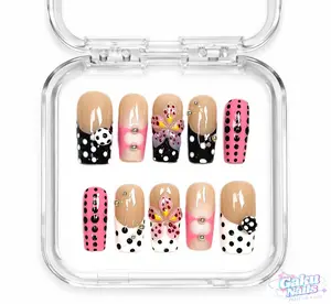 GakuNails Dotty 10-Piece Medium Square Handmade Press-On Nails, 3D Gel Builder Gel Tips, Floral Polka Dots, French Tip Blush Effect, Reusable Eco-Friendly Quality Multi-Pack