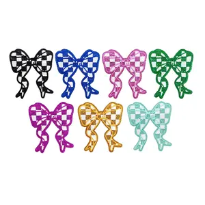 1 piece, 7 colors available. Checkered bow glitter gold - edged embroidery patch Geometric Embroidery Design 🎀 Fabric patch, hot - melt adhesive iron - on embroidery patch. selling DIY decoration for clothing, DIY backpack, clothing, shoes