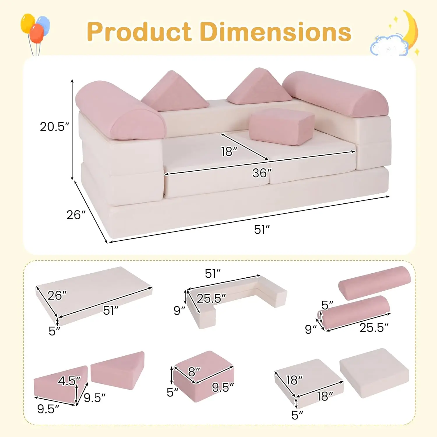 9-piece Folding Sofa -Pink