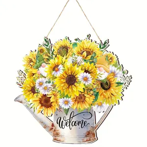 Wooden Sunflower Wreath Front Door Sign, Spring and Summer Wooden Welcome Decoration, 11.8x12.2 Inch Wall Art Decor for Home Farmhouse Indoor Outdoor