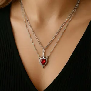 Red Heart Necklace with Sword ️ Sparkling Pendant Elegant Chain
