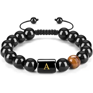 Initials Bracelets for Men Letter Link Handmade  Black Onyx Tiger Eye Stone Beads Braided Rope Meaningful Bracelet