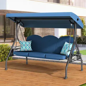3 Seat Outdoor Porch Patio Swing 800lbs 2-in-1 Patio Swing Glider Chair with Adjustable Canopy & Removable Cushion Outdoor Adult Swing with Stand for Yard Porch Garden Deck