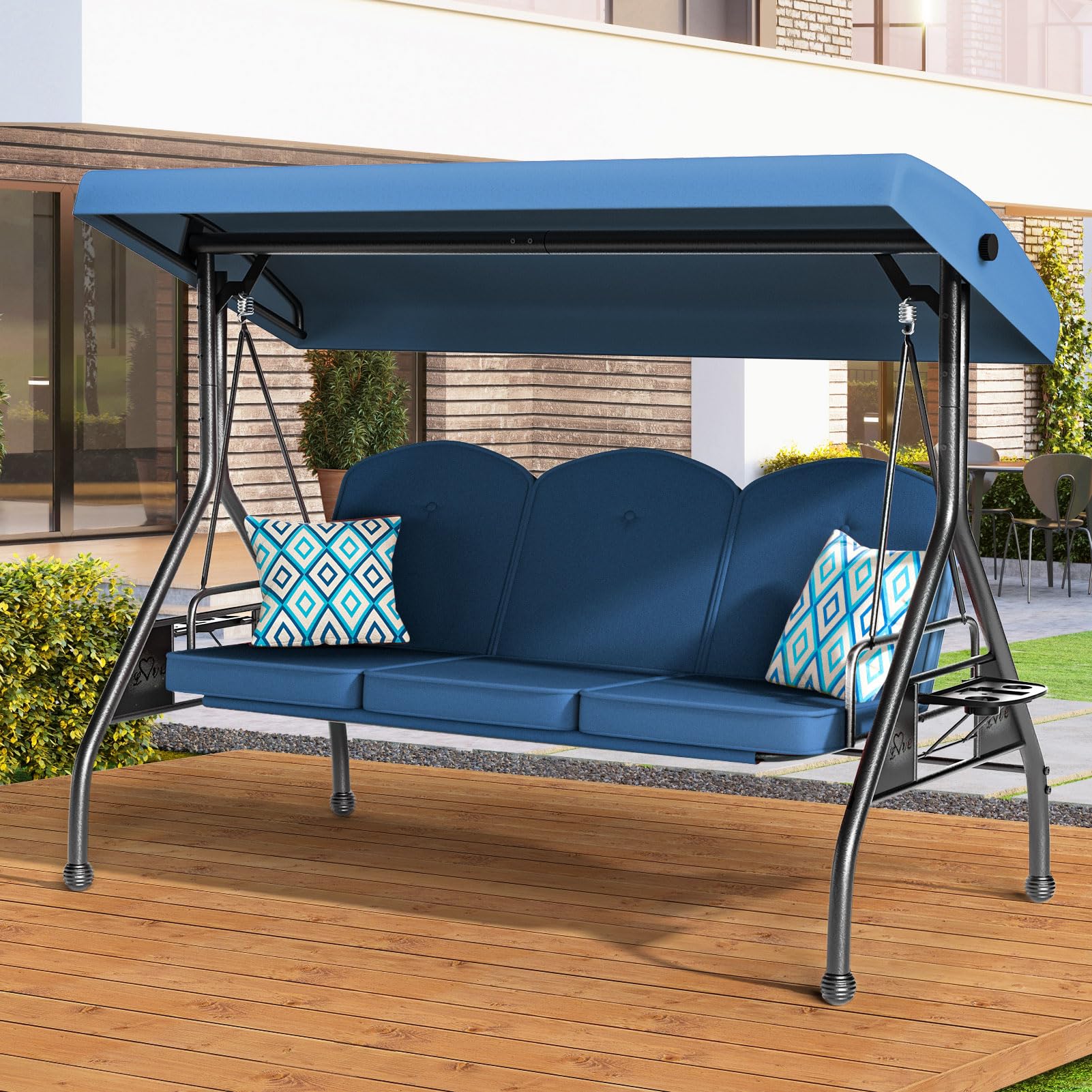 3 Seat Outdoor Porch Patio Swing 800lbs 2-in-1 Patio Swing Glider Chair with Adjustable Canopy & Removable Cushion Outdo