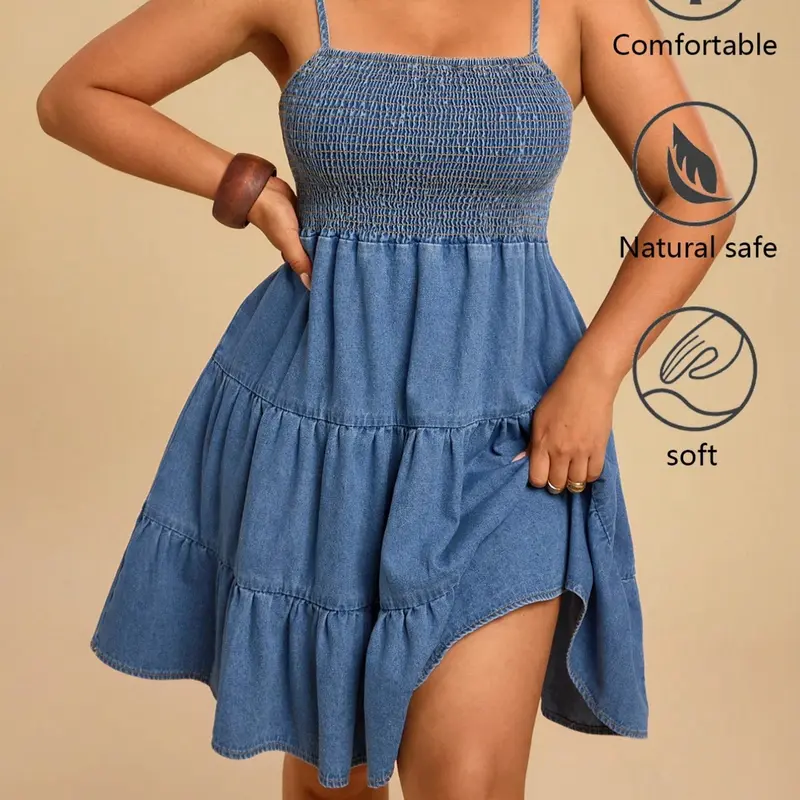 Plus Size Boho Chic Style Casual Sleeveless Denim Dress, Perfect for Summer Vacations, Blue Solid Pattern, Unlined Plain Surface