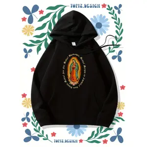Women's Black Virgin Mary & Jesus Graphic Hoodie, Spanish Religious Text Design, Soft Warm Pullover Sweatshirt with Drawstring Hood & Kangaroo Pocket, Stretchy Casual Fall Winter Wear, Ideal Christian Gift for Women Womenswear spider hoodie