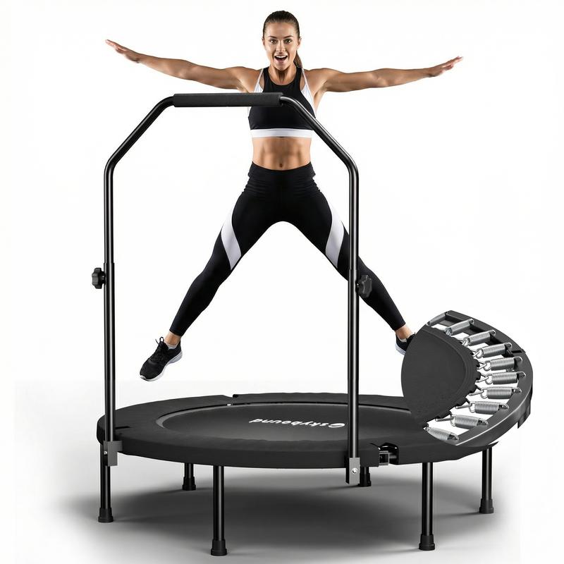 SkyBound 600 LBS Tested Foldable Mini Trampoline, 40'' Fitness Rebounder with Springs/Bungees, Adjustable U-Bar Handle, Stable Quiet Indoor/Outdoor Exercise Equipment