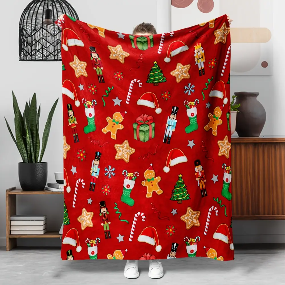 Christmas Throw Blanket, Gingerbread Nutcracker Candy Cane Blanket with Santa Hat and Holiday Pattern, Cute Xmas Blanket for Kids Family Couch Sofa Bed, Cozy Christmas Home Decor Gift, Soft Winter Blanket for Holiday Season