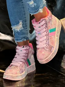 Women's Thick Sole Striped Sport Shoes, Glitter Design Sneakers, Rhinestone Decor, High Top Casual Design, Shiny Vintage Style, Daily Wear and Outdoor Activities