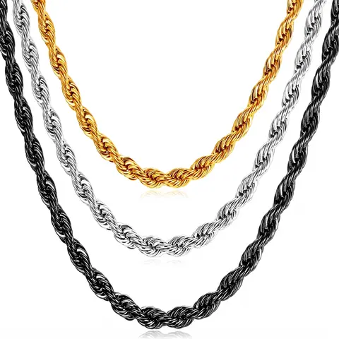PROSTEEL 14K Gold Plated/Steel/Black 3MM/6MM/9MM Twisted Rope Chain Necklace Bracelet 18-30 Inches Stainless Steel Jewelry Durable Color Coating, Hypoallergenic Unisex Stackable Accessories for Daily Wear Best Gift