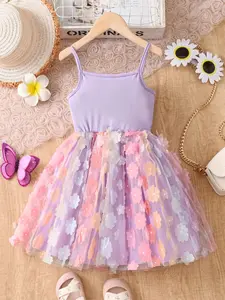 Girls' 4-8 Years Old Strapless Embroidered Floral Mesh Dress, Casual Summer, Summer Clothes Dress, Lightweight & Breathable Fabric, Perfect for Daily Wear, Tulle Overlay Dress