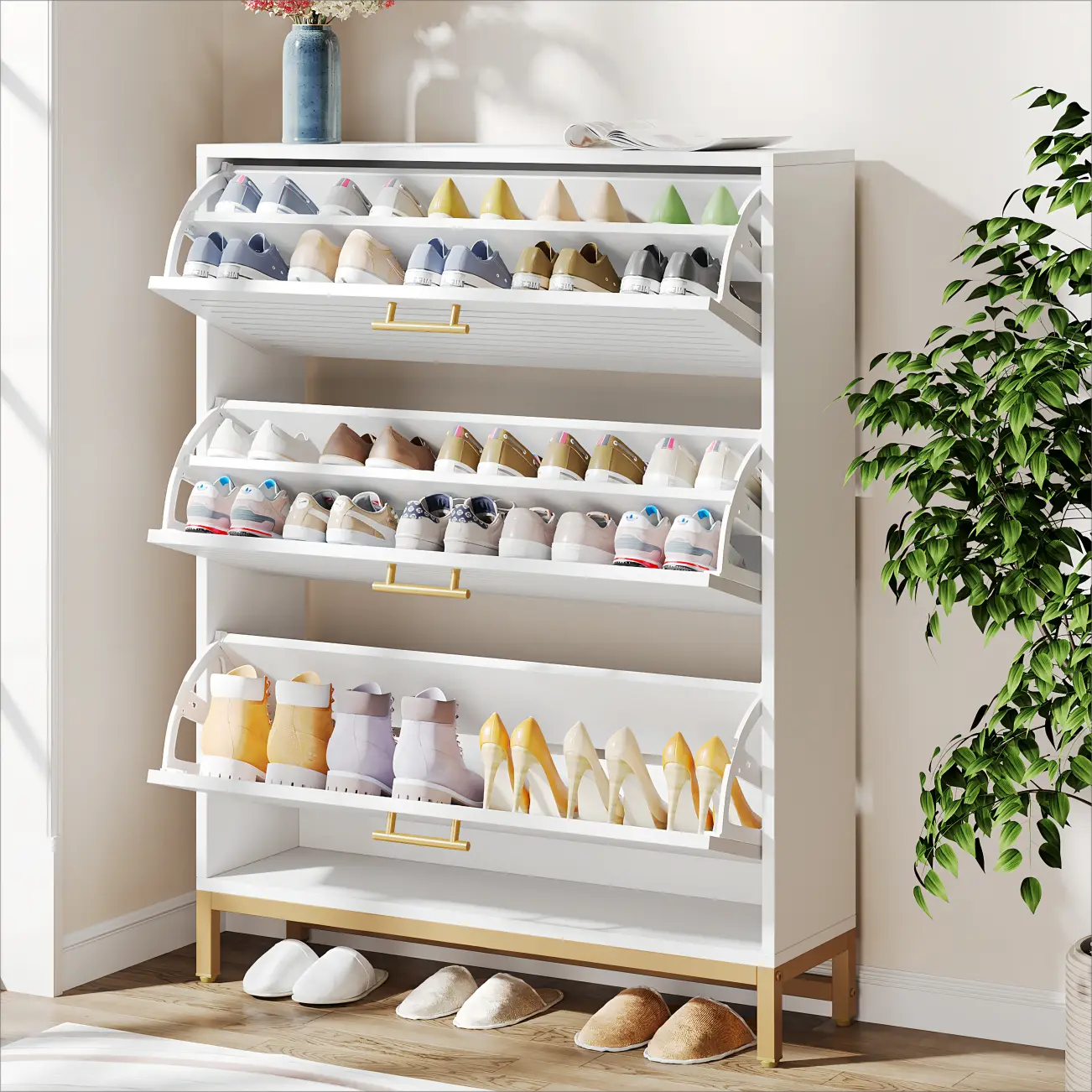 Tribesigns 3-Tier Shoe Cabinet, Shoe Storage Cabinet with Wall Mounted Coat Rack and 3 Flip Doors Shoe Organizer