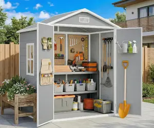 Gizoon 6x4.4 FT Outdoor Storage Shed with Floor, All-Weather Resin Garden Shed with Lockable Doors & Windows, Plastic Tool Sheds for Patio, Lawn & Garden (Grey)