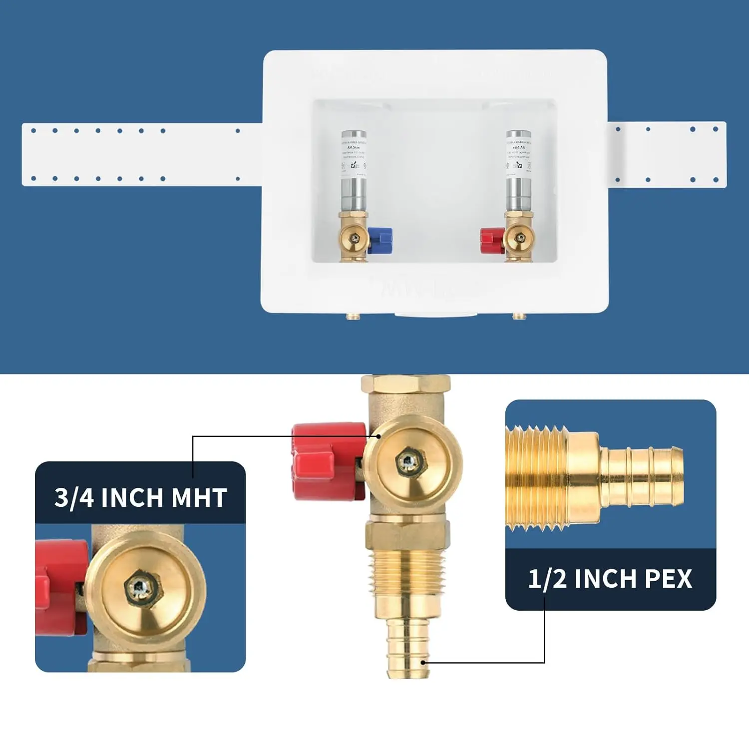 Premium Washing Machine Outlet Box, with Stainless Steel Water Hammer Arrestor, 1/2-Inch Pex Crimp x 3/4-Inch MHT Connection, Laundry Washer Valve Outlet Box with Clear Text Instructions