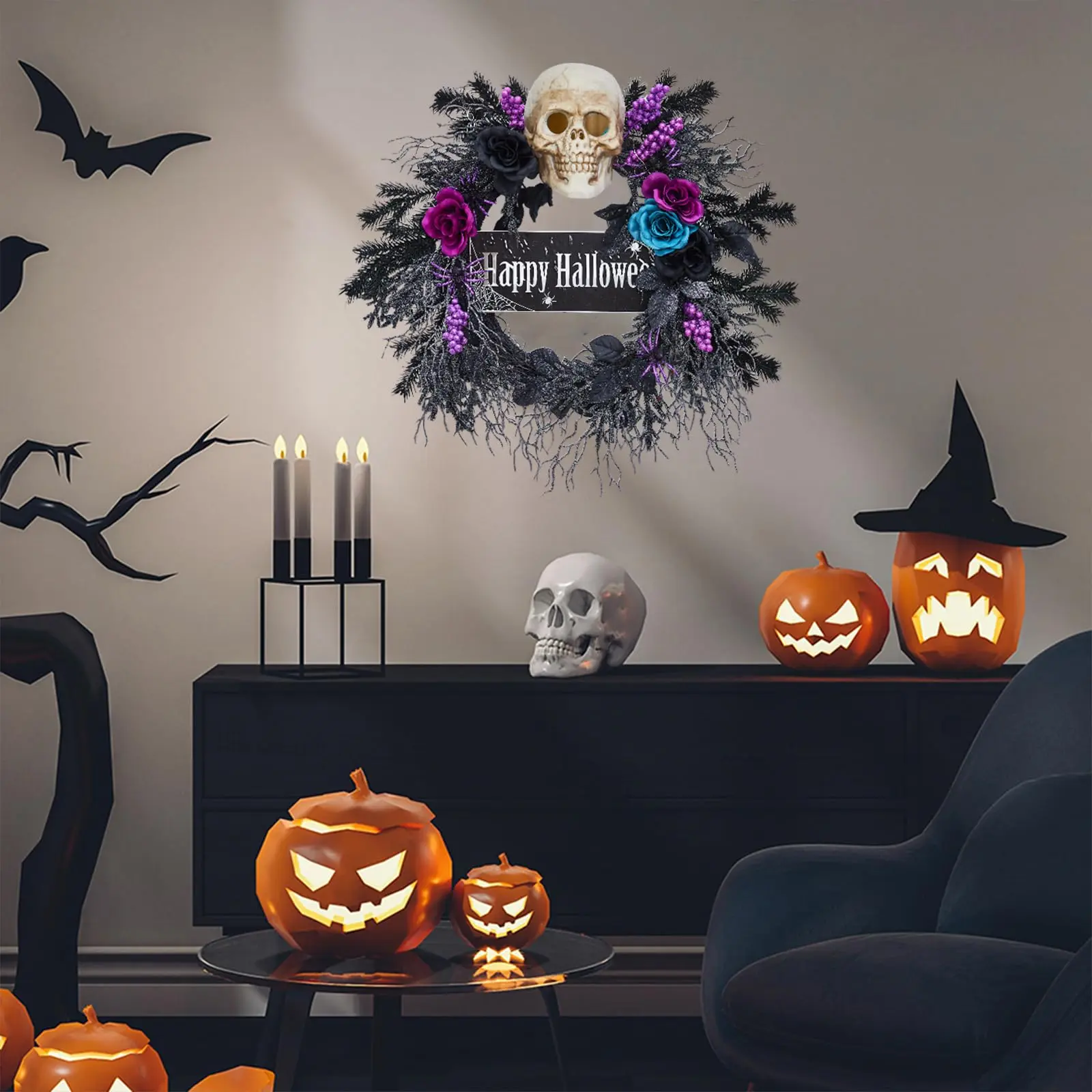 22'' Halloween Wreath, Artificial Halloween Skull Wreath with 3 Color Roses, Purple Halloween Door Wreath Decorations with Lights, Halloween Door Hanger for Indoor Outdoor, Window, Porch