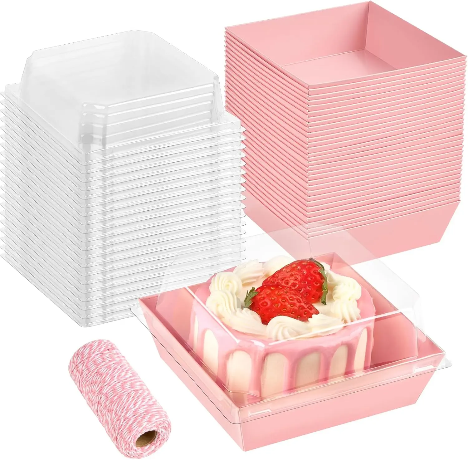 50 Packs Small Pink Paper Charcuterie Boxes with Clear Lids and 21.87 Yards Pink Twine String, 4 Inches Disposable Sandwich Boxes, Square To Go Food Containers for Desserts, Strawberries, Cake Slice and Cookies