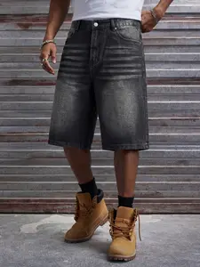 Men's Casual Loose Fit Wide Leg Denim Shorts, All Seasons Street Style, Plain Color, Pocket Design, Fashionable Jeans