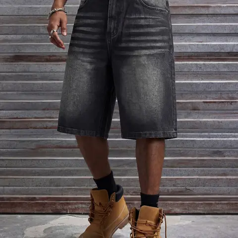 Men's Loose Fit Oversize Wide Leg Casual Fashion Denim Shorts, Classic Street Style, Plain Color with Pocket Design