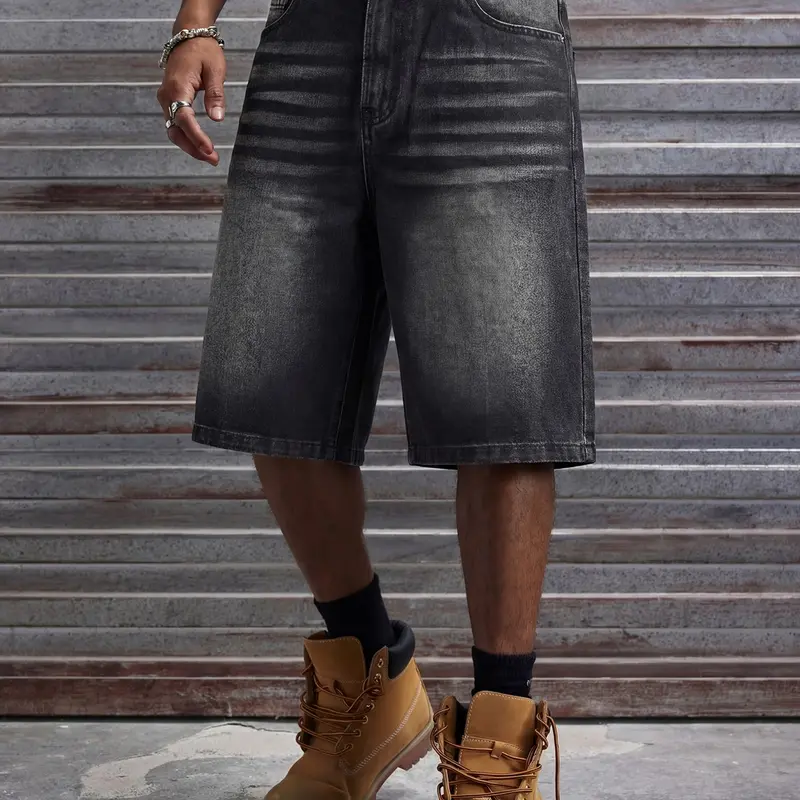 Men's Loose Fit Oversize Wide Leg Casual Fashion Denim Shorts, Classic Street Style, Plain Color with Pocket Design