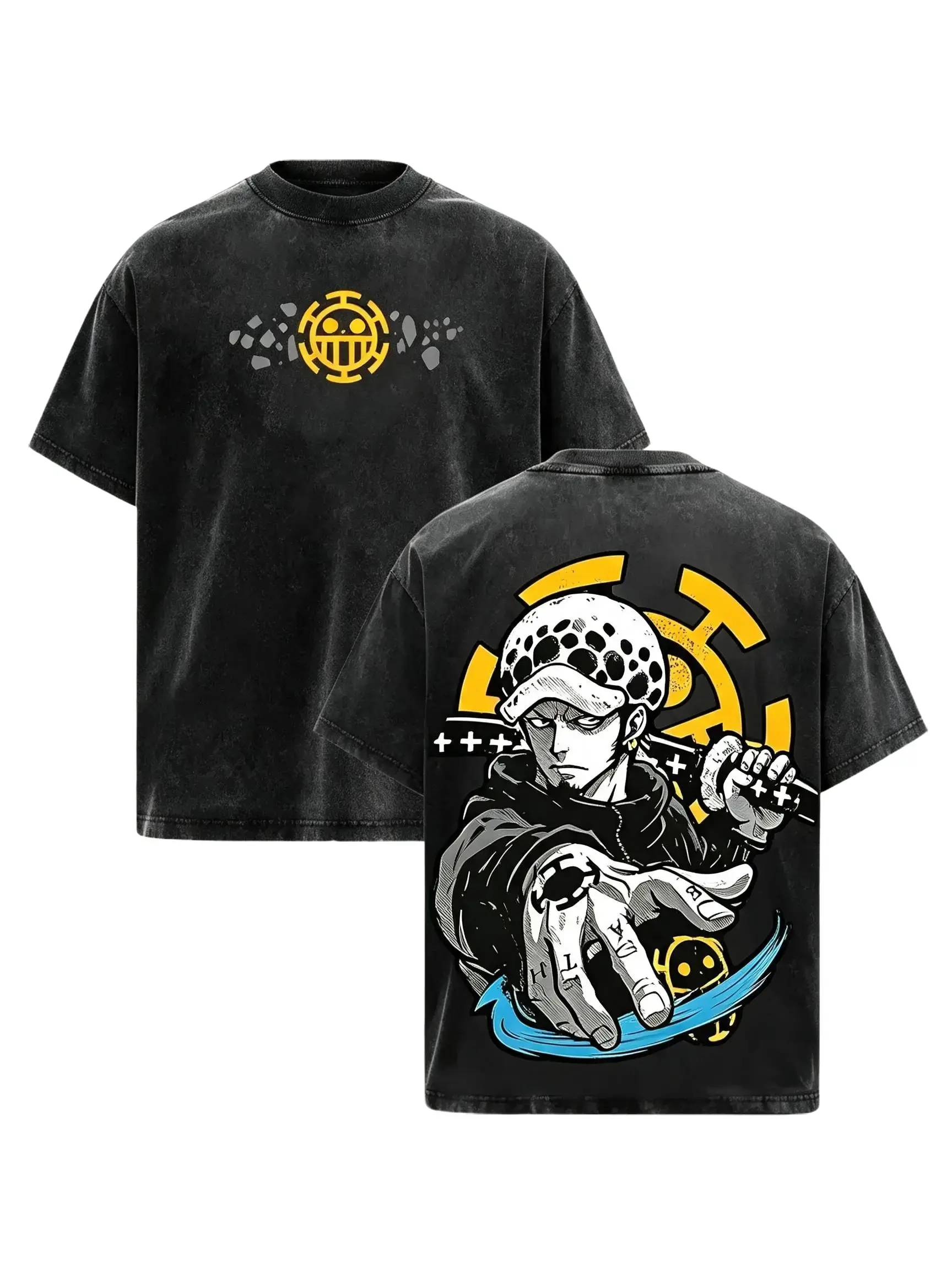 Vintage Acid Wash Anime Graphic Tee Oversized Trafalgar Law One Piece Heavyweight T-Shirt Unisex Streetwear