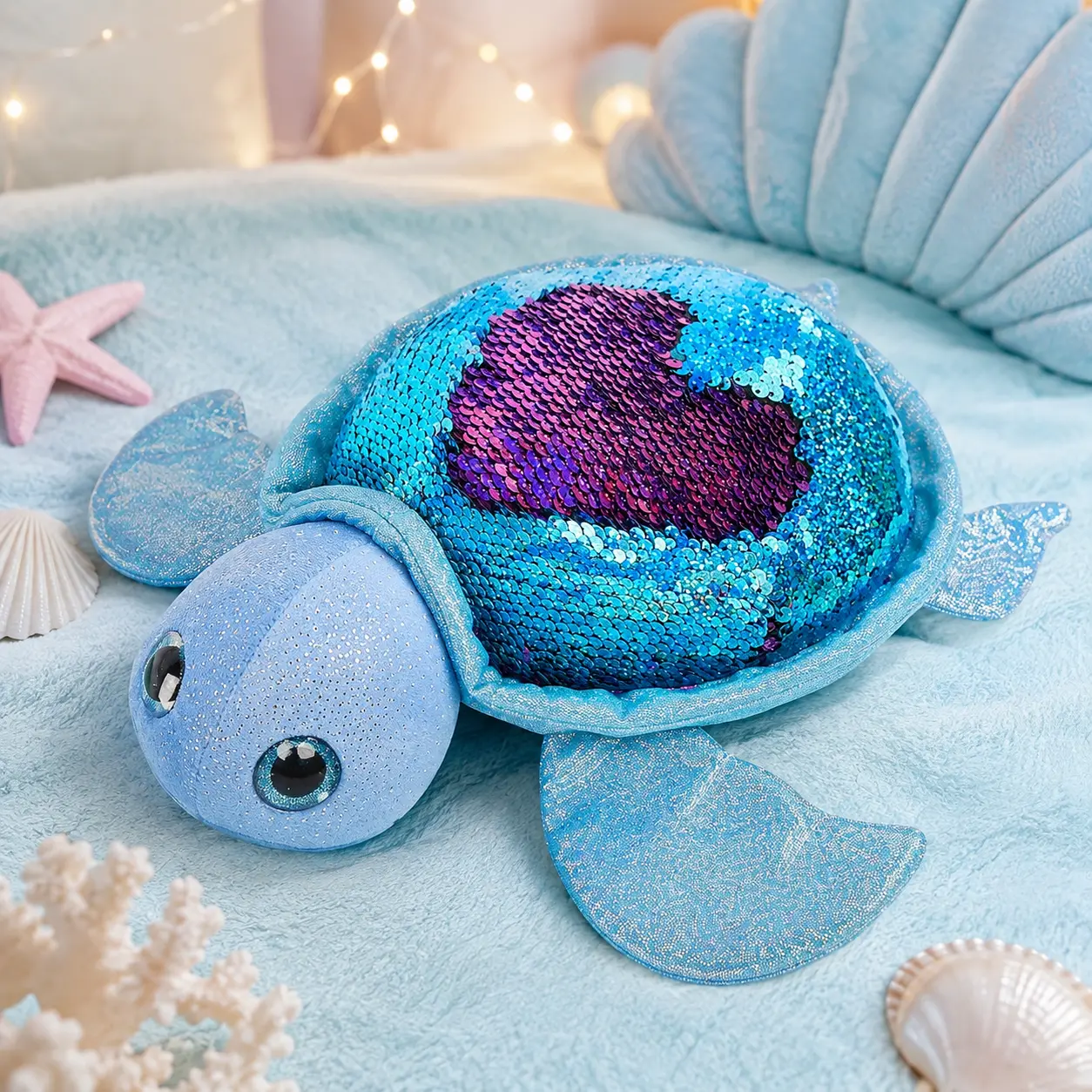 WEWILL 12" Reversible Sequin Sea Turtle Plush Toy, Sparkly Blue Stuffed Animal Pillow, Soft Ocean Animal Gift for Kids, Birthday & Valentine's Day