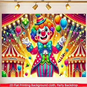 2D High-Definition Print Polyester Circus Clown Carnival Background Cloth, Wrinkle-Free Durable, Colorful Balloon Tent Party Hanging Cloth, Kids Birthday Photo Backdrop