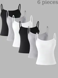 6-pack of Girls' Basic Solid Color Thin-Shoulder Strap Short Backless Top, Fashionable and Casual Outfit, Simple, Comfortable and Versatile, Machine Washable and Dry Cleanable, Girls' Clothing