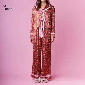 Women 2 Piece Satin Pajamas Set Bow Print Tie Front Long Sleeves Shirt and Elastic Pants for Loungewear Soft Sleepwear