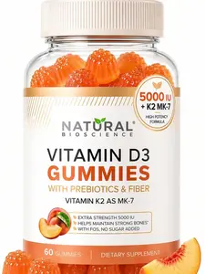 Sugar Free Vitamin D3 K2 Gummies 5000 IU and K2 MK7 80mcg for Adults with Prebiotics and Fiber Supports Bone Immune Heart Health Mood Gluten Free Natural Peach Flavor Daily Wellness Support Formula