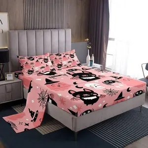 Pink Halloween Bat Kids Decoration Cute Ghost Sheets Set for Boys Girls,Kawaii Skull Fitted Sheet,Pink Bed Sheet Set