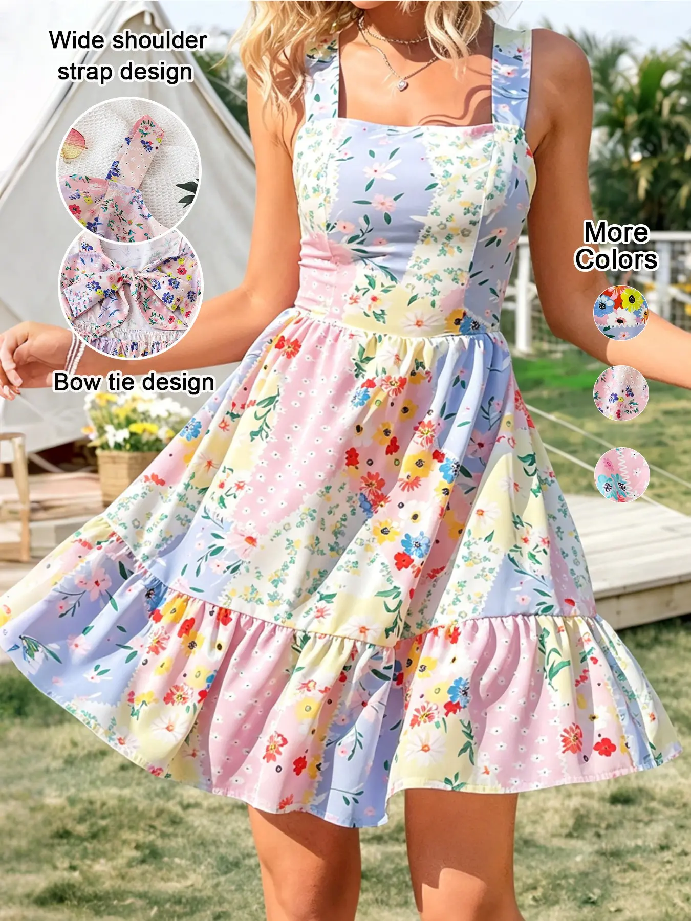 Women's Summer Floral Print Back Bow Tie Strap Dress, Sleeveless Boho Style, Bohemian, Fitted Short Dress, Elegant Vacation Wear, Multicolor, Boho Fashion Sundress