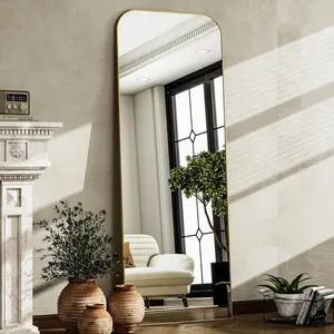 57"x20" Full-Length Mirror with Rounded Aluminum Frame, Wall-Mounted or Tilted, Floor Mirror with Stand, Suitable for Living Room, Bedroom, Cloakroom, Gold