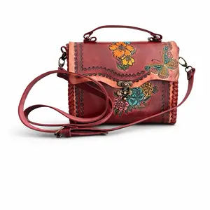 Handmade Leather Crossbody Purse Western Tooled Sunflower & Butterfly Design Genuine Leather Artisan Crafted with Vintage Brass Clasp & Braided Edges