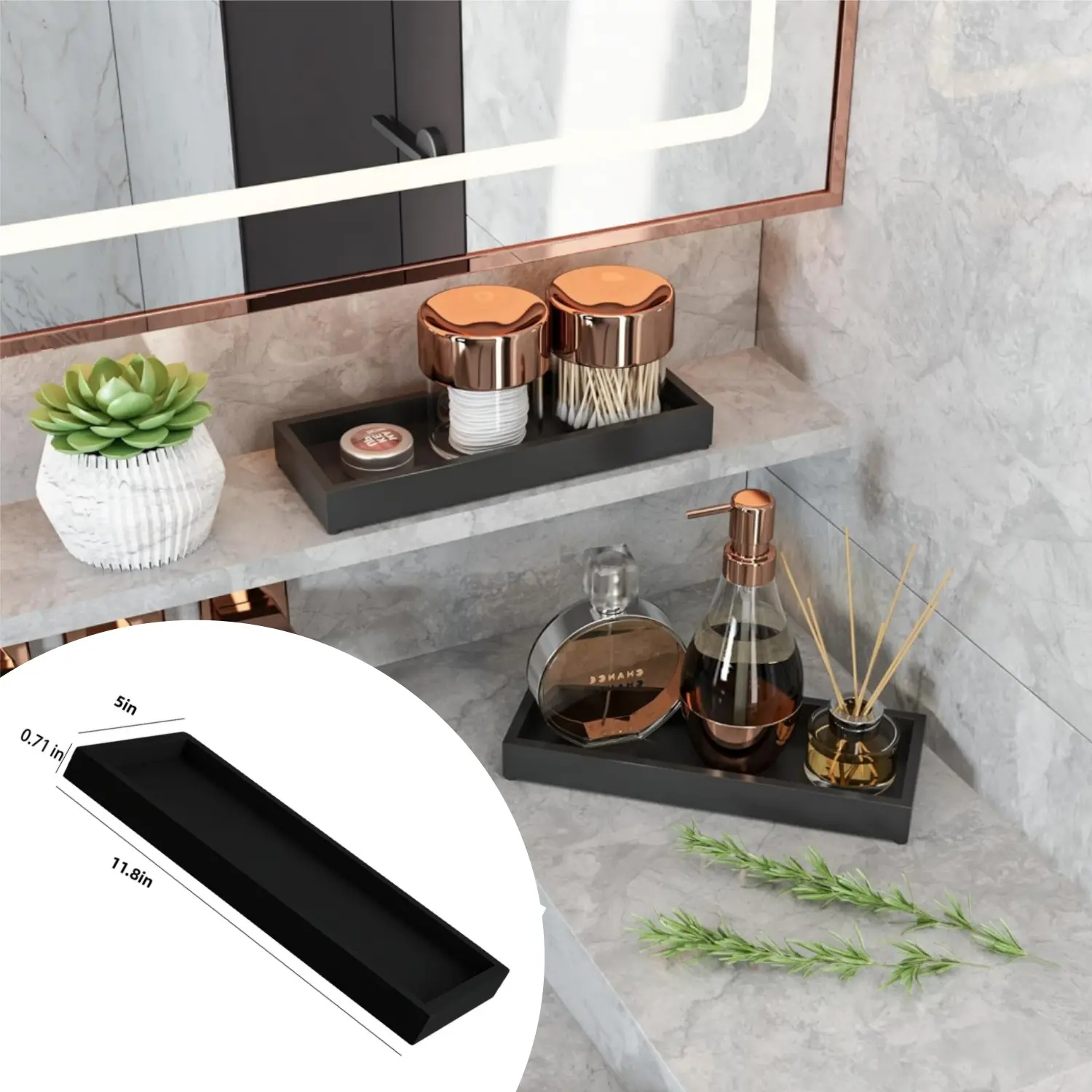Durable Silicone Vanity Tray (11.8x5 in) - Minimalist Classic Smooth Bathroom Countertop Organizer with Non-Slip Wooden Accent, for Beauty Products, Elegant Gift Pad