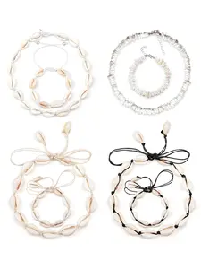 8 Pcs Delicate Handcrafted Beige Natural Shell Jewelry Set for Women Men Boho-style Kit Seashell Chokers Anklets Stackable Bracelets Natural Shell with A Soft Elegant Finish for Beach Weddings Bridal Showers Vacations Daily Outings