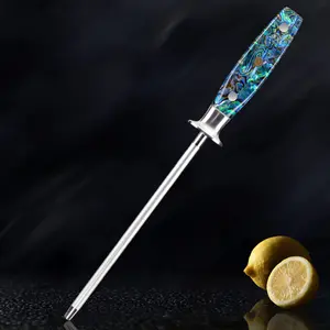 "Umi" Professional Sharpening Steel - Emery Rod with Real Abalone Shell Handle Blade Kitchen