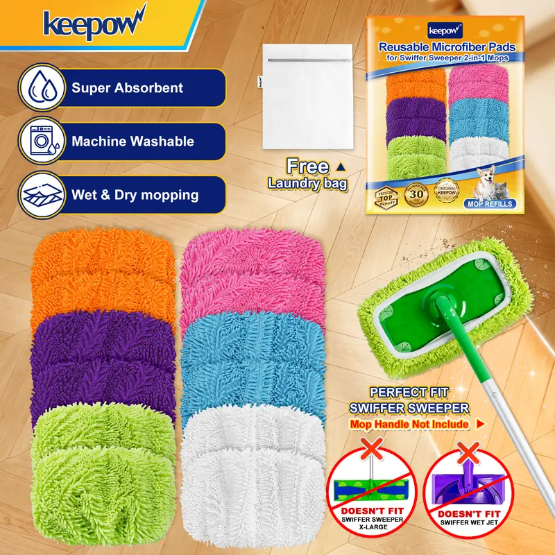 KEEPOW 2-Pack Multifunctional Removable & Washable Wet-Dry Dust Duster Pads, Fits All 10-Inch Flat Mops & All Hard Floor Surfaces, With Washing Bag (Mop Not Included)