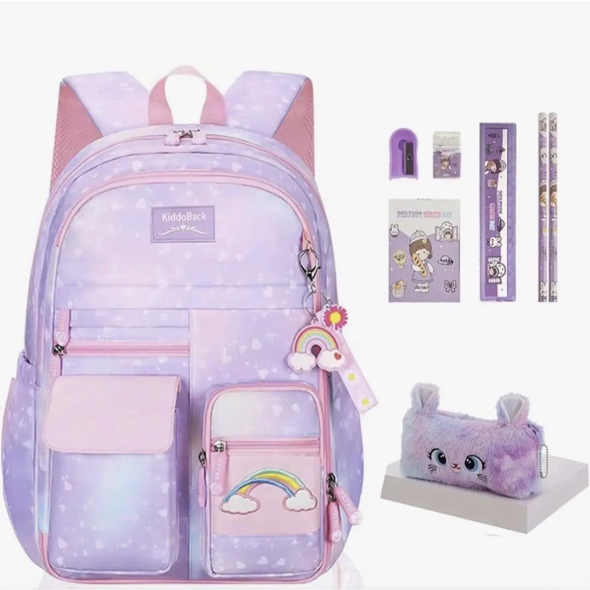 Kawaii Rainbow Backpack Purple Starry School Bag for Girls Teens 17" with Cute Pen Case and Accessories